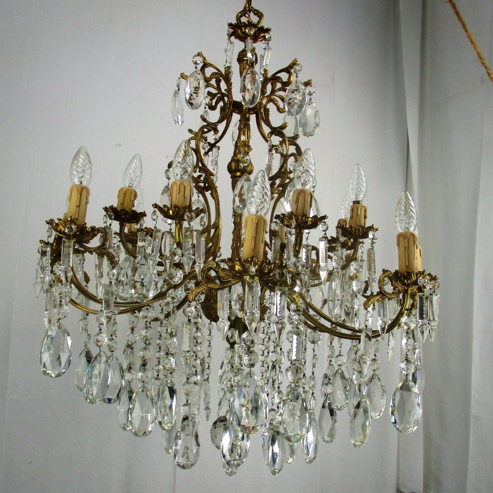 Impressive French Bronze Chandelier Crystal Prisms 16 Lights! Waterfall Htf photo buy