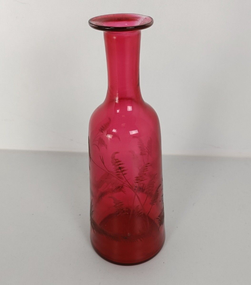 Etched Glass Red Small Bottle Vase Fox Bird Landscape Vintage Lovely photo furniture