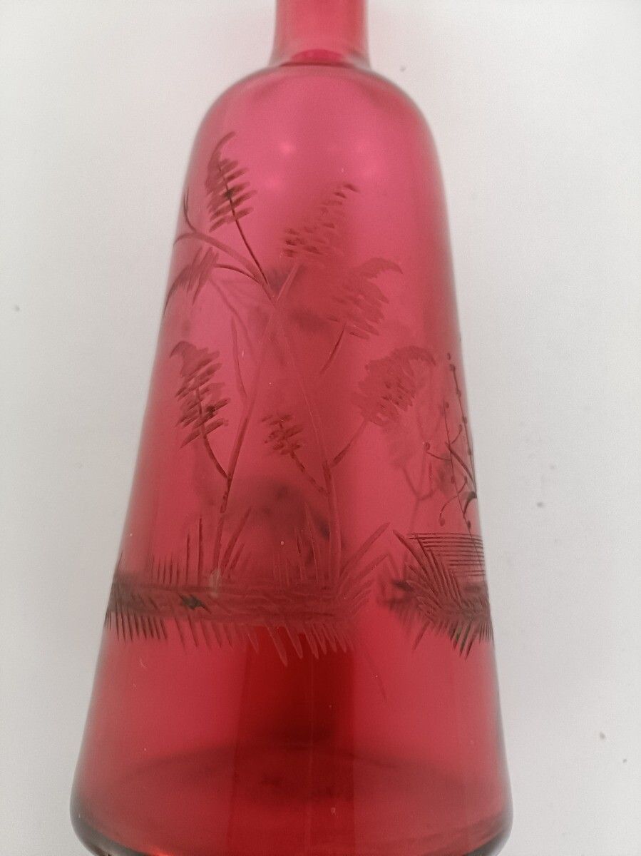 Etched Glass Red Small Bottle Vase Fox Bird Landscape Vintage Lovely photo Home Decor