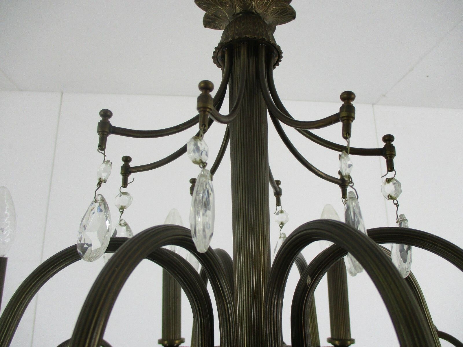 Chandelier 8 Lights Arms  Hollywood Regency Spelter Chandelier Crystal Prisms photo vintage