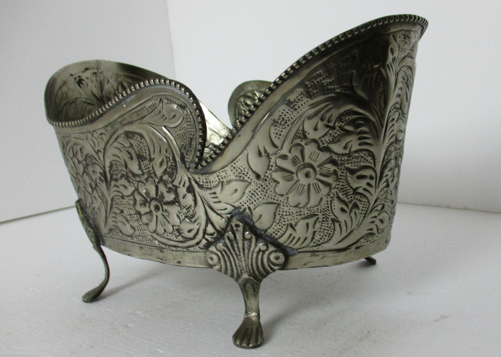 Faux Brass Spelter Planter Jardinière Ornate Embossed Centerpiece Legged Flowers photo for sale