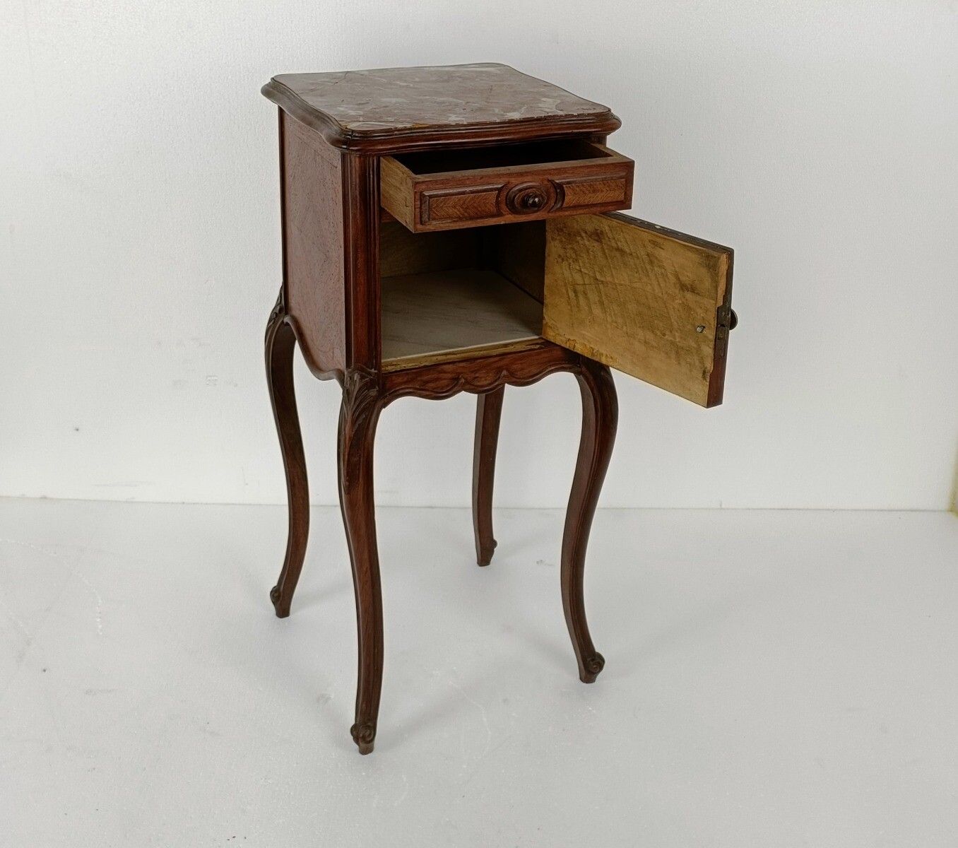 Cabinet Side Table Nightstand Queen Anne Style Art Deco Wood Marble Top Antique photo furniture
