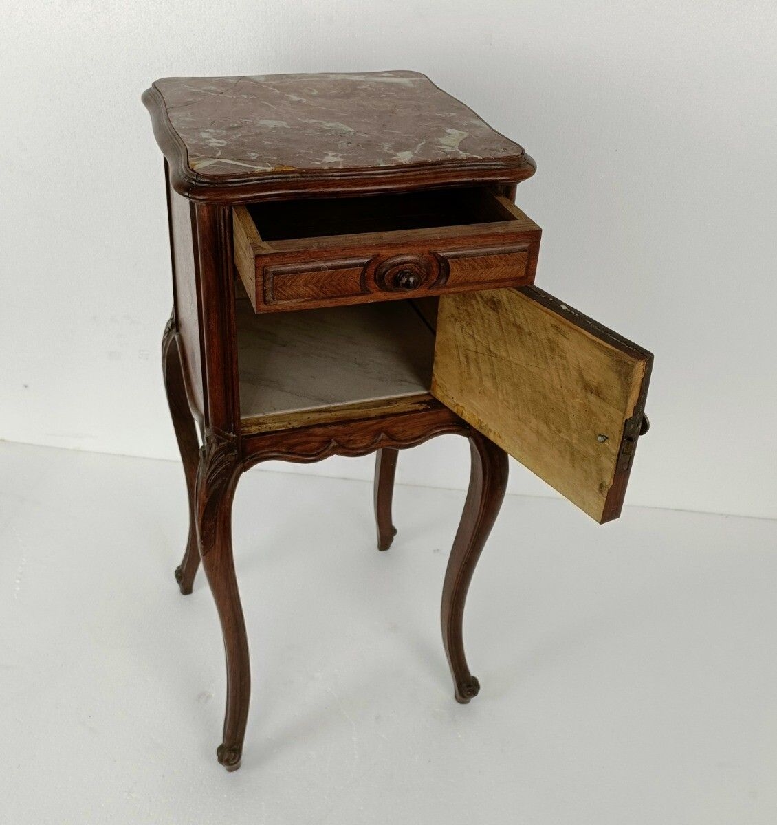 Cabinet Side Table Nightstand Queen Anne Style Art Deco Wood Marble Top Antique photo for sale