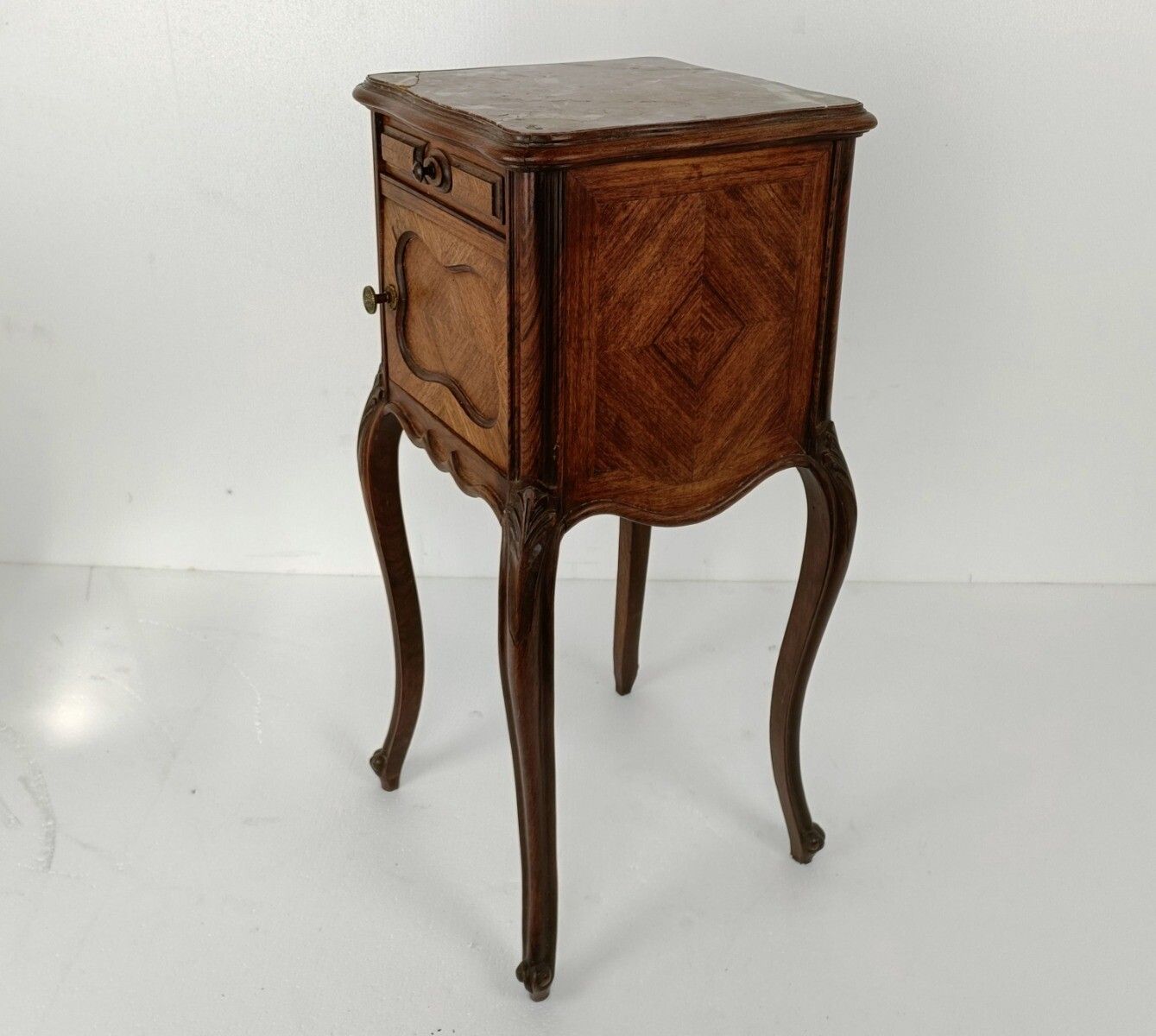 Cabinet Side Table Nightstand Queen Anne Style Art Deco Wood Marble Top Antique photo buy