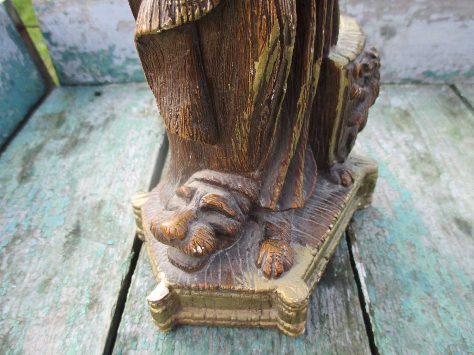 Vintage Virgin Mary Madonna With Child Plaster Brown Statuette Lion Dog Merlini photo furniture