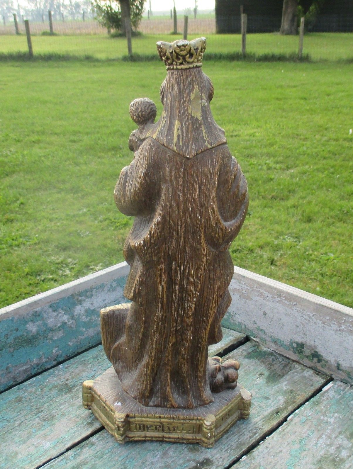Vintage Virgin Mary Madonna With Child Plaster Brown Statuette Lion Dog Merlini photo buy