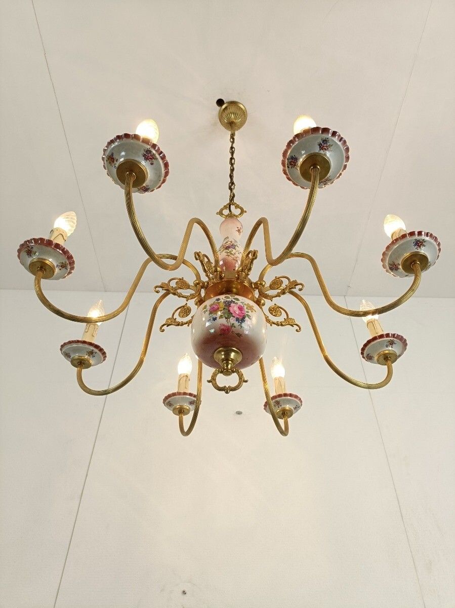 Chandelier 8 Arms Lights Ceramic Porcelain Ceramic Brass Italian Pink Flowers photo Lighting