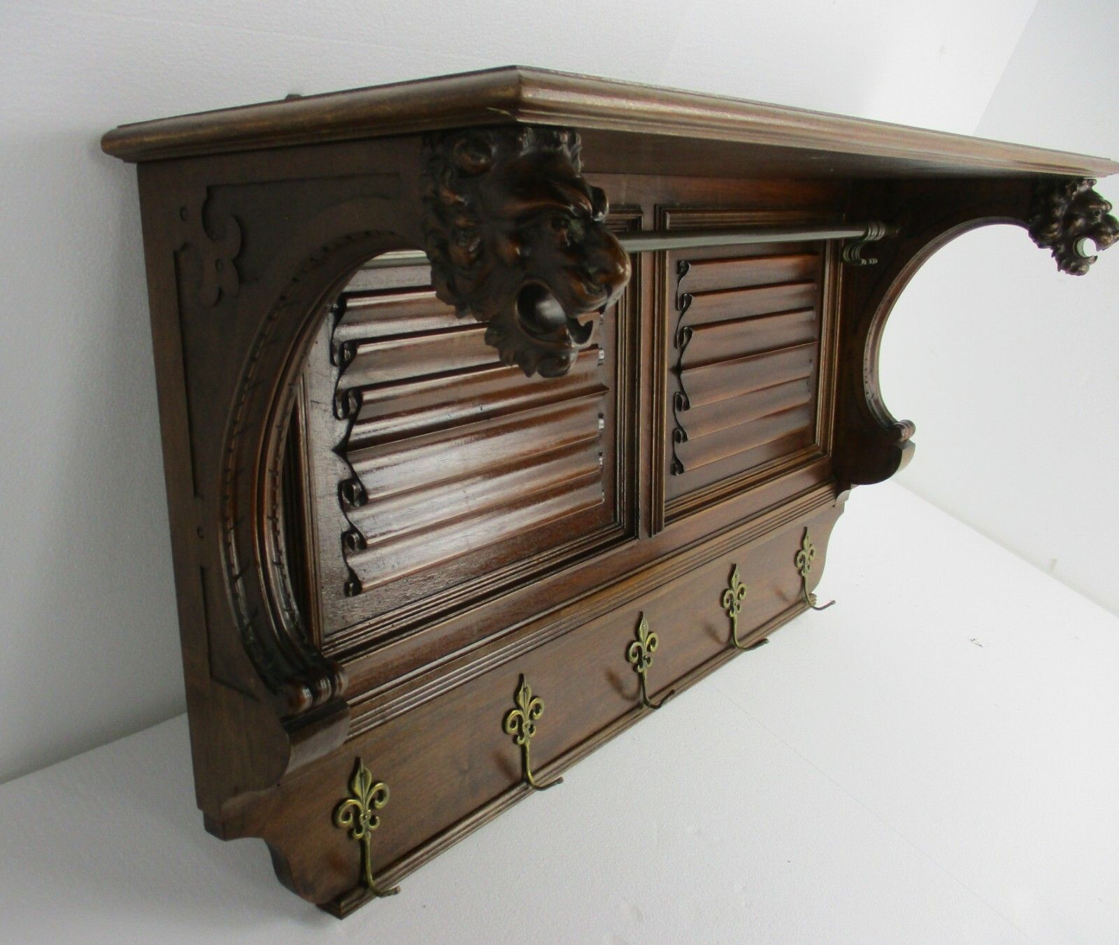 Xl Hand Carved Wood  Coat Hat Kitchen Hallway Rack Antique Lion Heads Exquisite photo Furniture