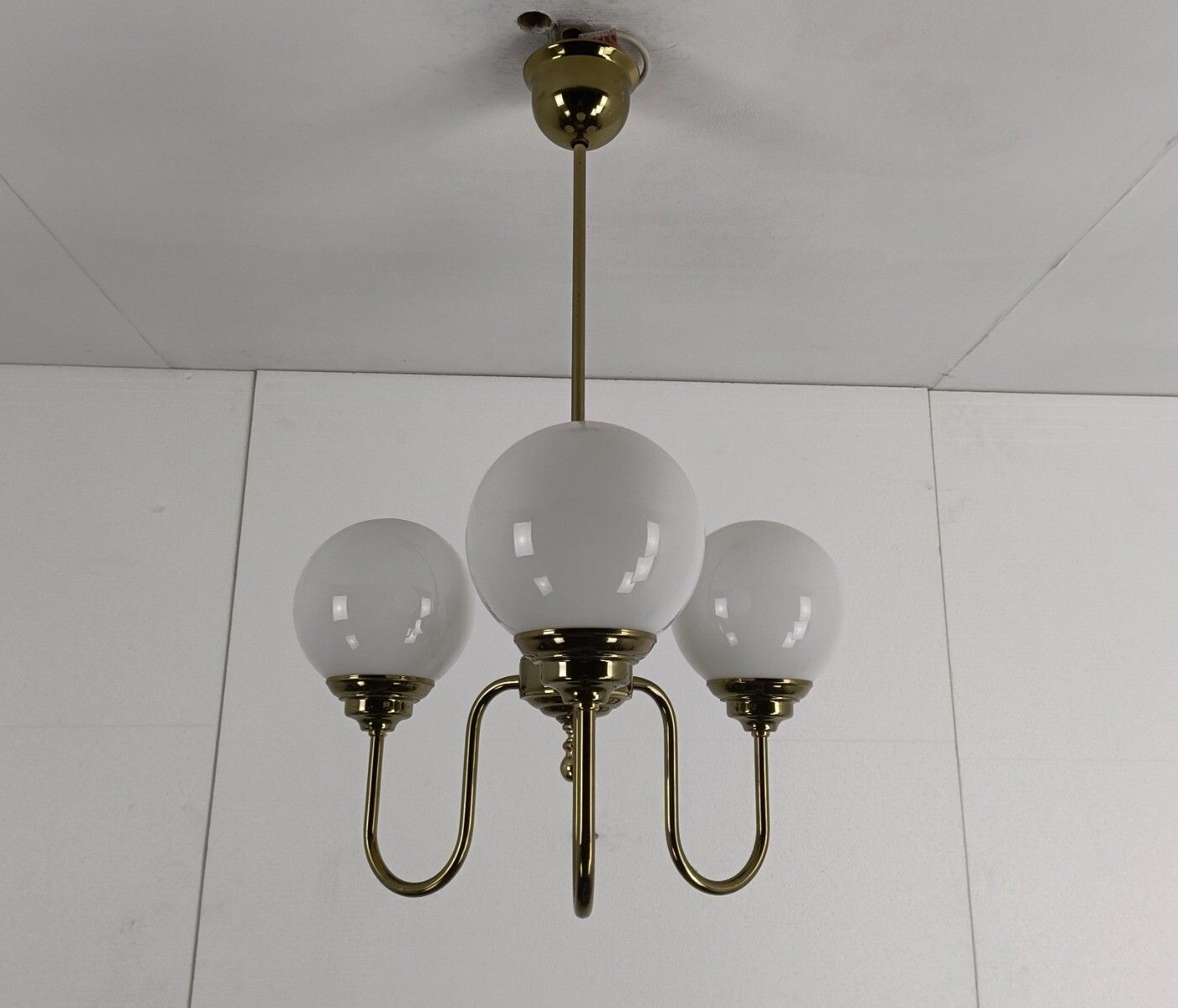 Chandelier Light Fixture Mid Century Modern 3 Arm Glass White Ball Shades Modern photo Lighting