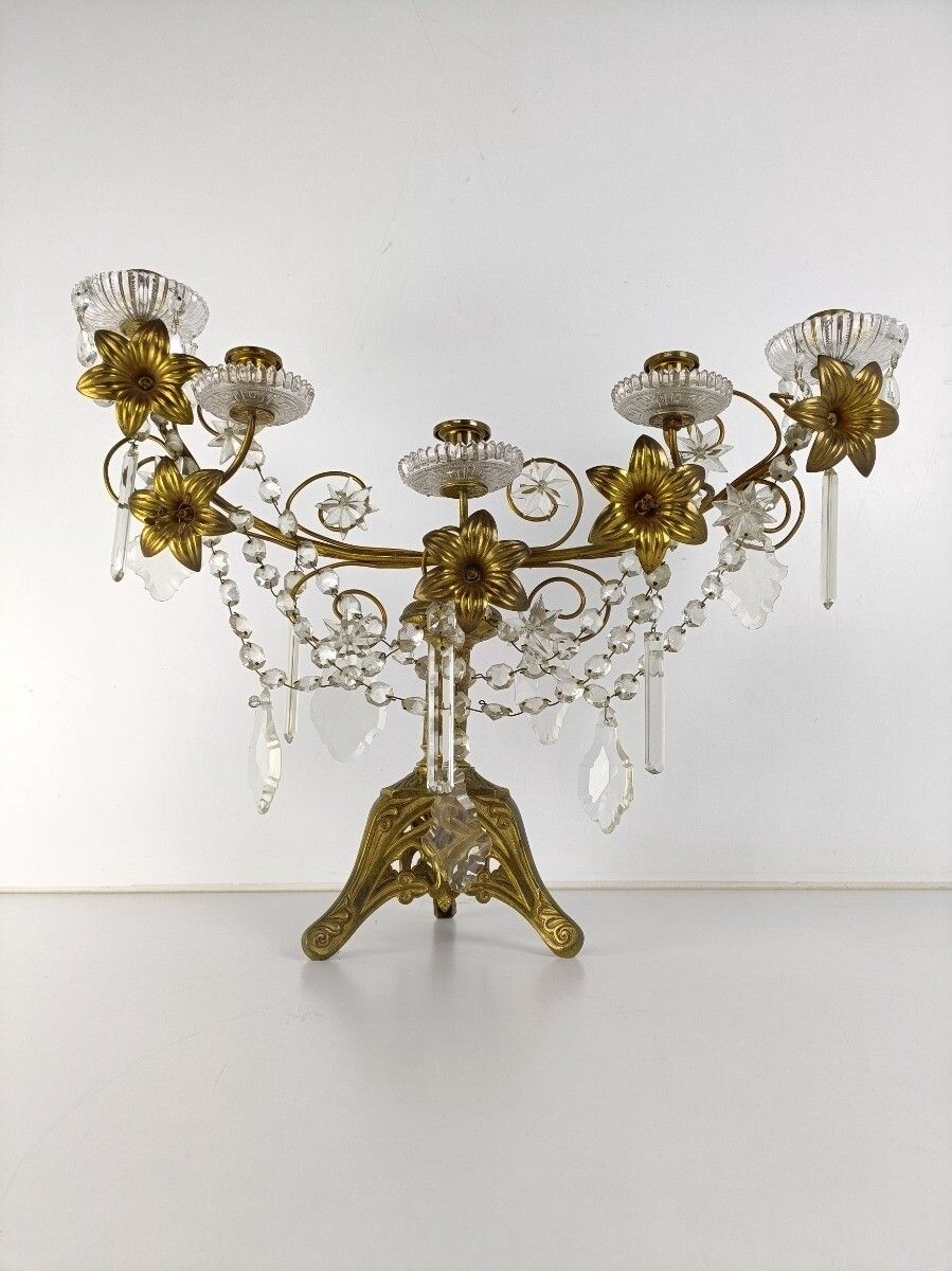 Antique Brass Hollywood Regency Floral Candle Holder Candelabra Church Crystal P photo furniture