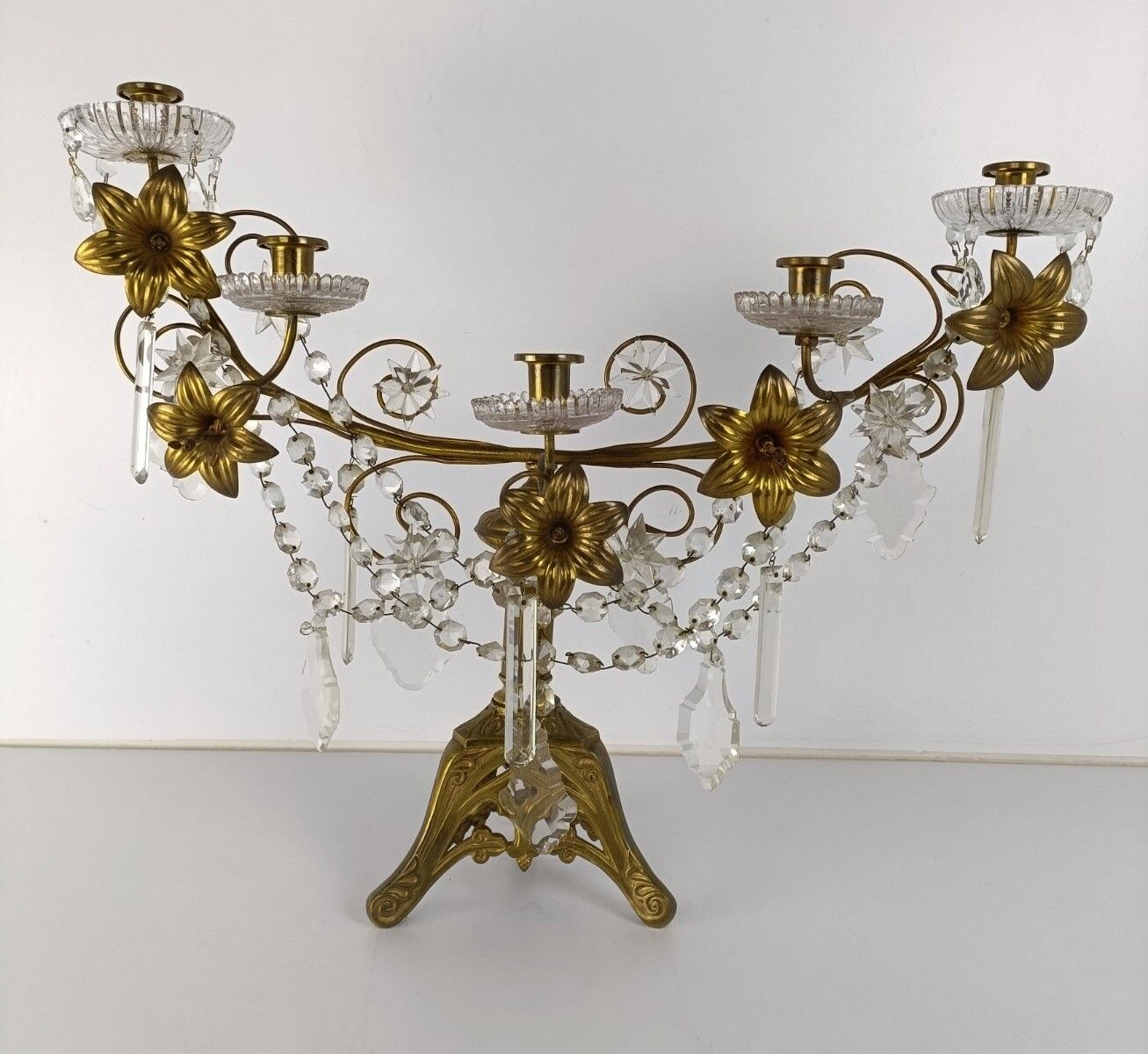 Antique Brass Hollywood Regency Floral Candle Holder Candelabra Church Crystal P photo for sale