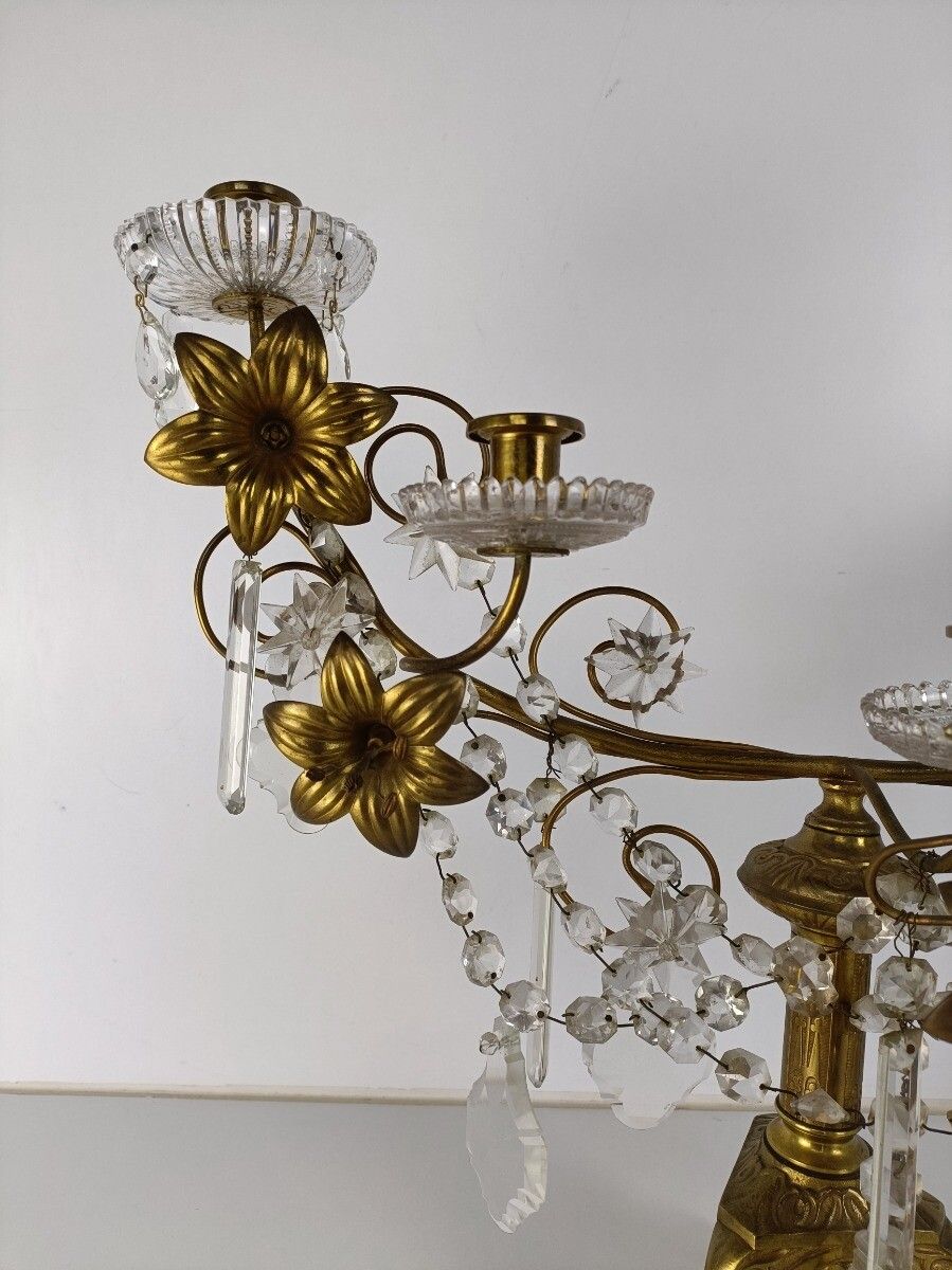 Antique Brass Hollywood Regency Floral Candle Holder Candelabra Church Crystal P photo Home Decor