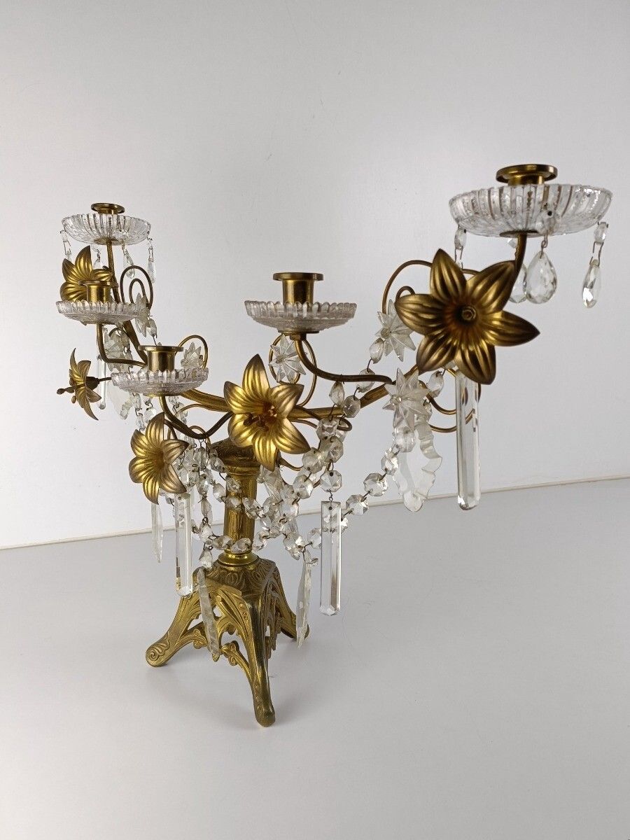 Antique Brass Hollywood Regency Floral Candle Holder Candelabra Church Crystal P photo vintage