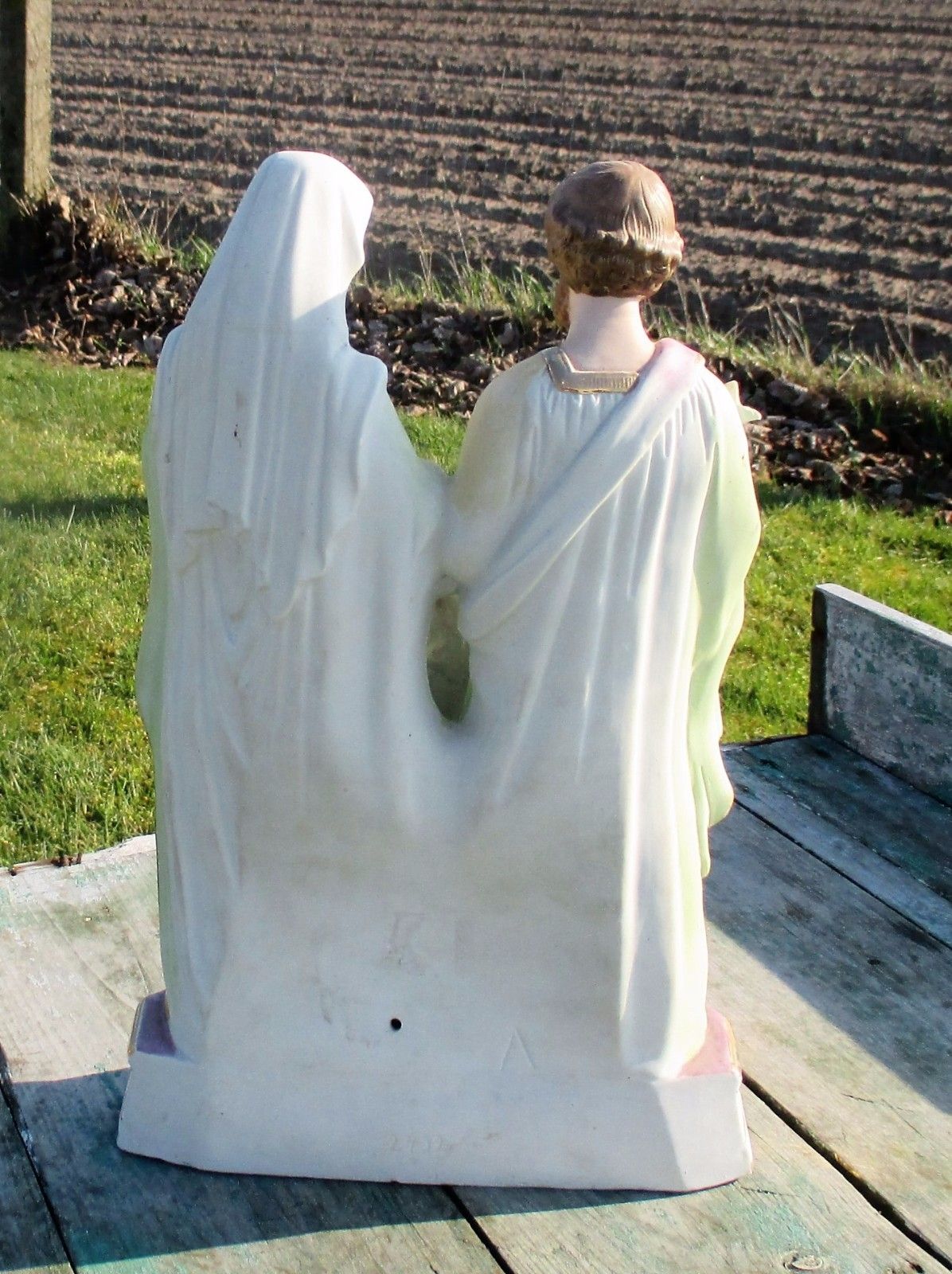 Beautiful Statuette Holy Family Saint Joseph Virgin Mary Child  Porcelain Green photo vinterior