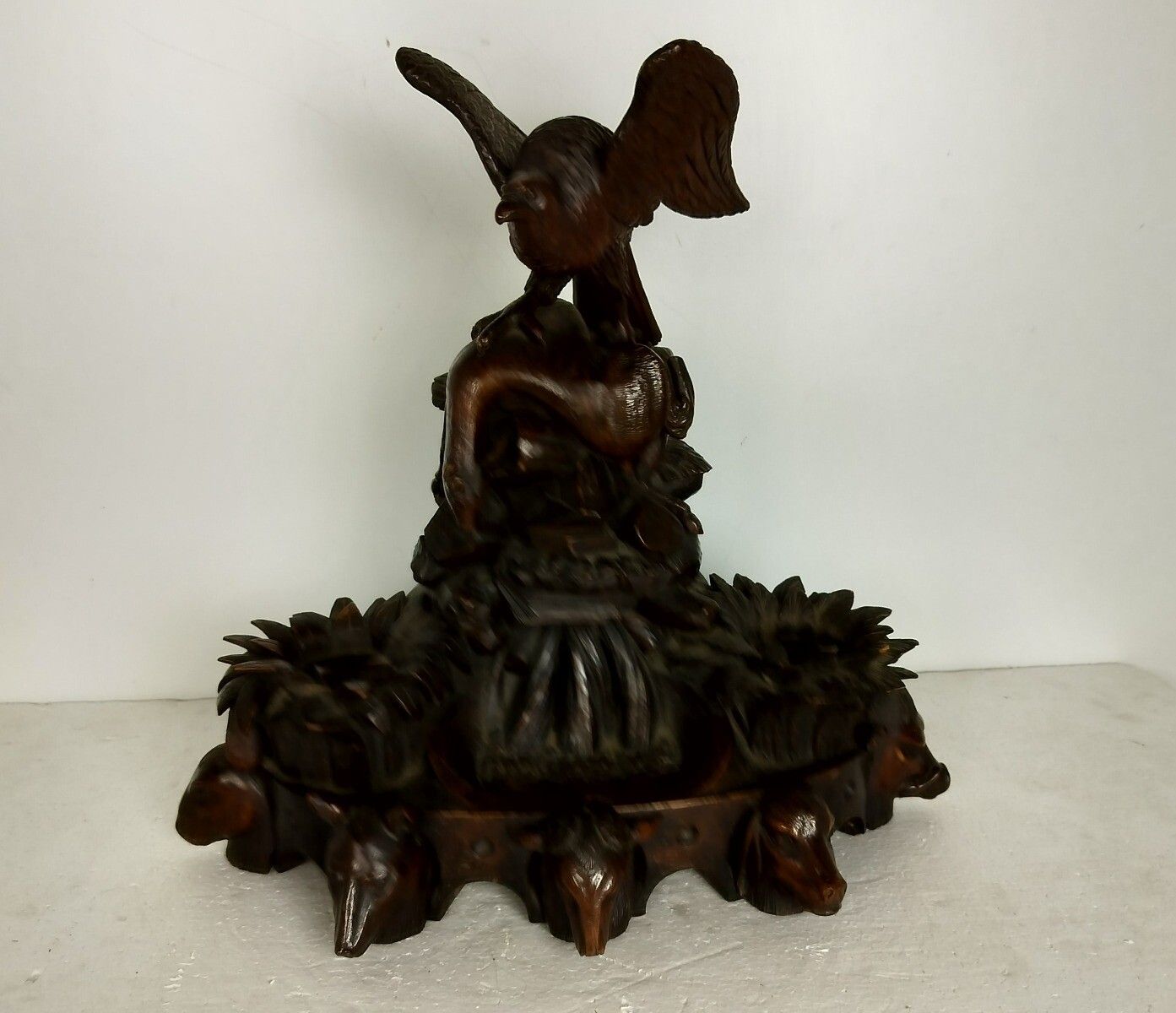 photo buy Antique Large Rare Black Forest Wood Carving Inkwell Eagle Forest Animals Stunni