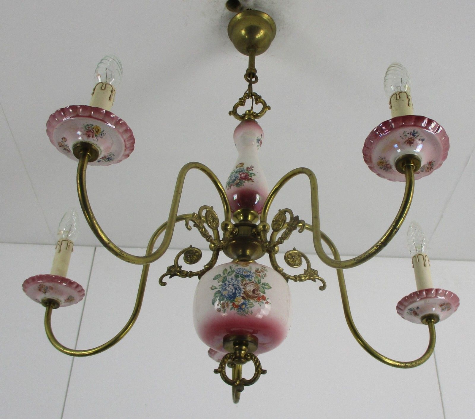 Chandelier 6 Arms Lights Ceramic Porcelain  Pink Flowers  Mid Century Italy photo Lighting