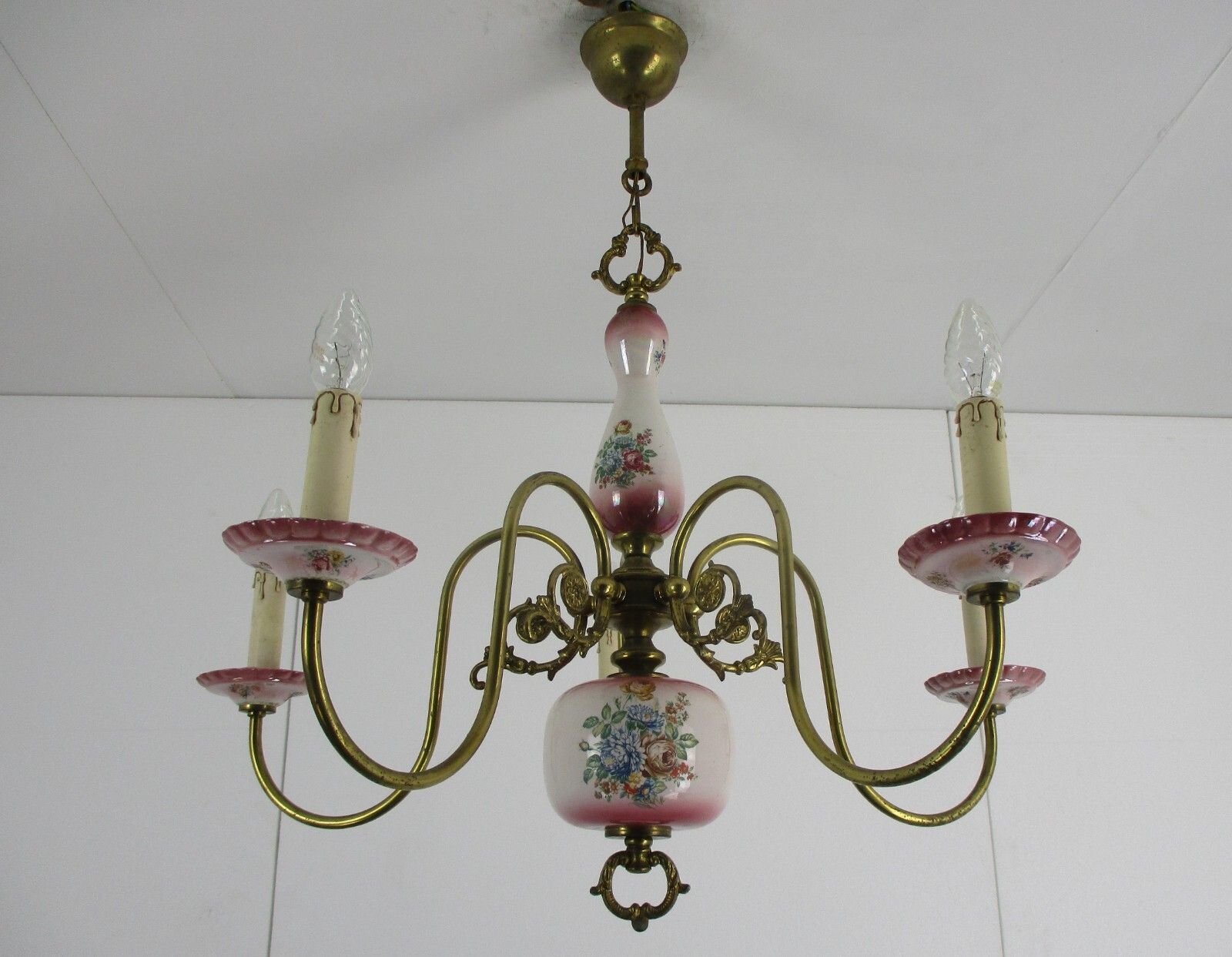 Chandelier 6 Arms Lights Ceramic Porcelain  Pink Flowers  Mid Century Italy photo 427.0