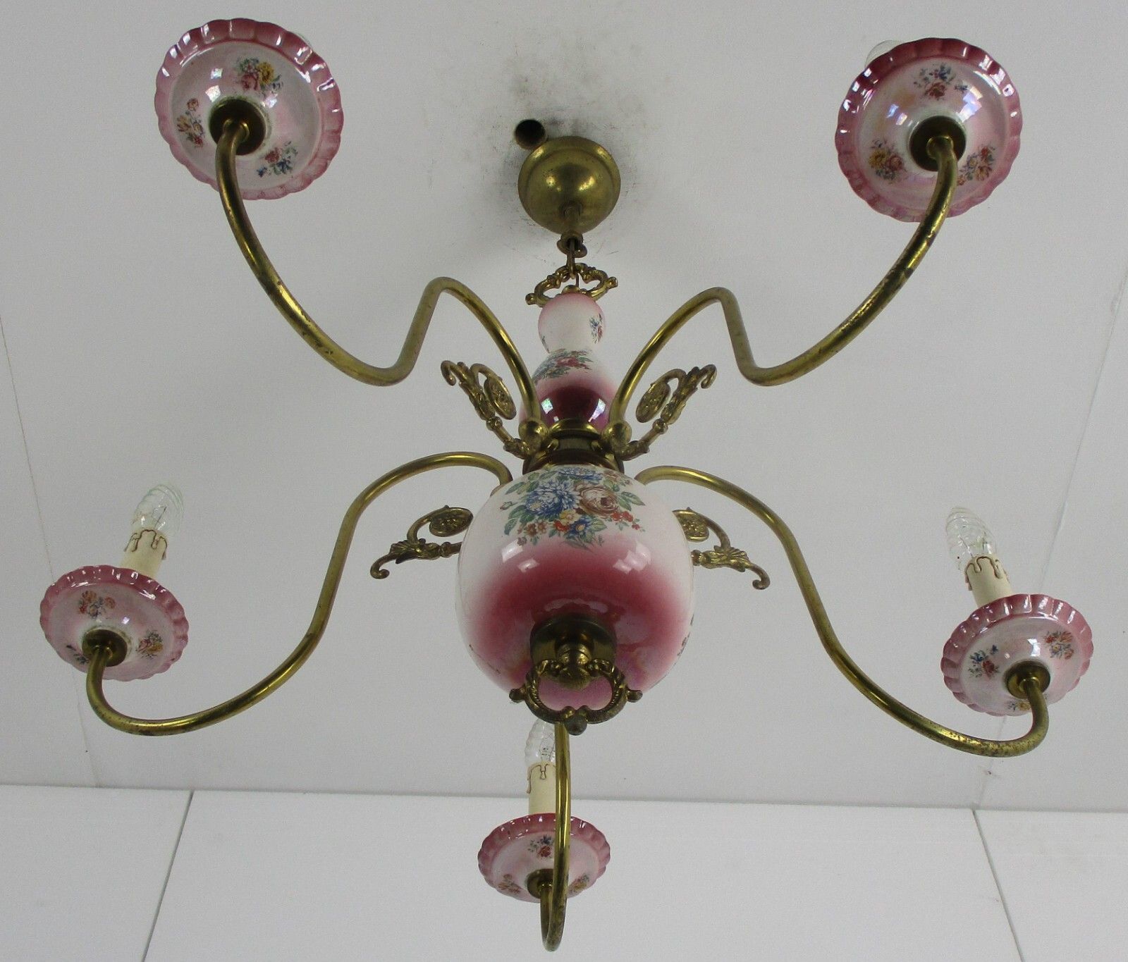 Chandelier 6 Arms Lights Ceramic Porcelain  Pink Flowers  Mid Century Italy photo vintage