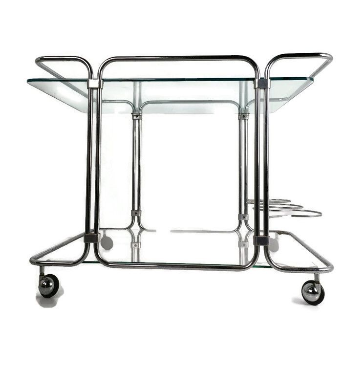 Bar Cocktail Tea Cart Trolley Hollywood Regency Kitchen Island Chrome  Glass Top