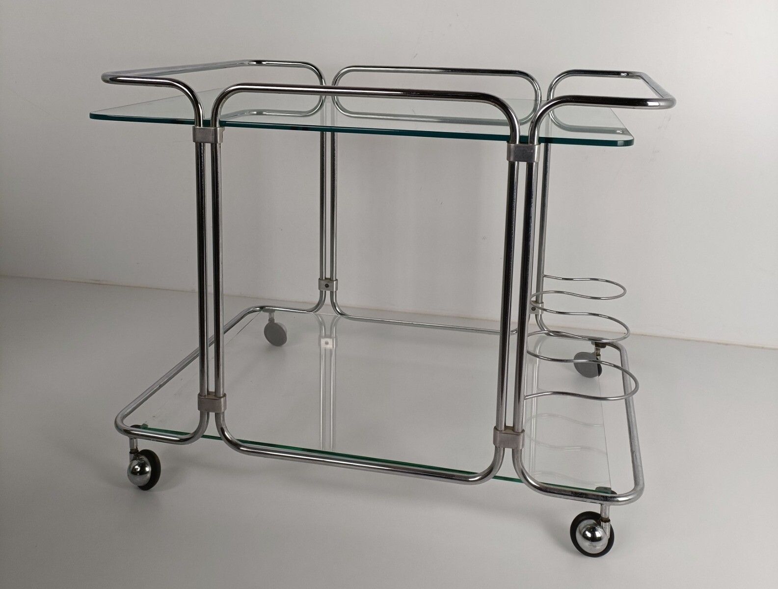 Bar Cocktail Tea Cart Trolley Hollywood Regency Kitchen Island Chrome  Glass Top photo for sale