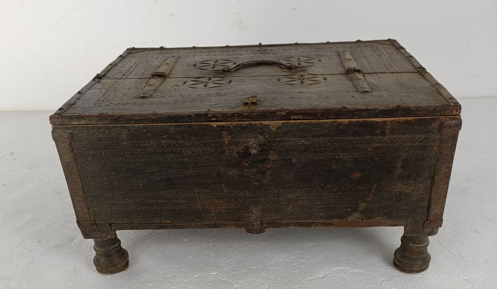 Antique Rajasthani Footed Chest Box India 1900's Spice Salt Box Ornate Carved Wo photo for sale