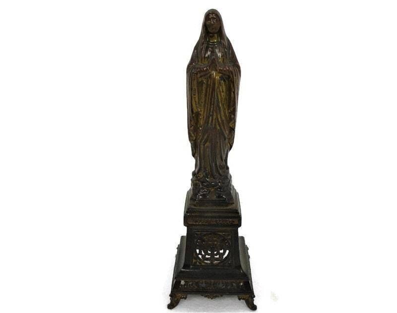 Statue Virgin Mary Our Lady Madonna Infant Jesus Christ Statue Rare Brass On Bas