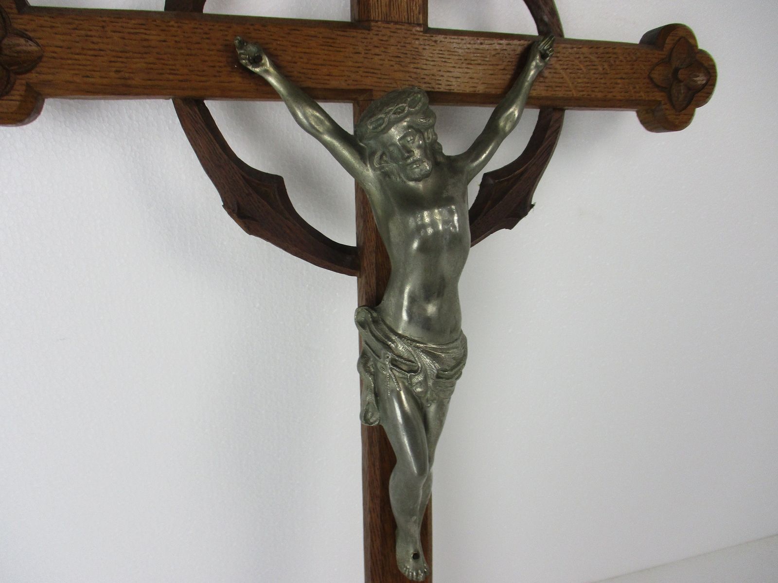 Xl Hand Carved Wood Oak Hanging Ornate Church Chapel Crucifix French Fleur De Li photo for sale
