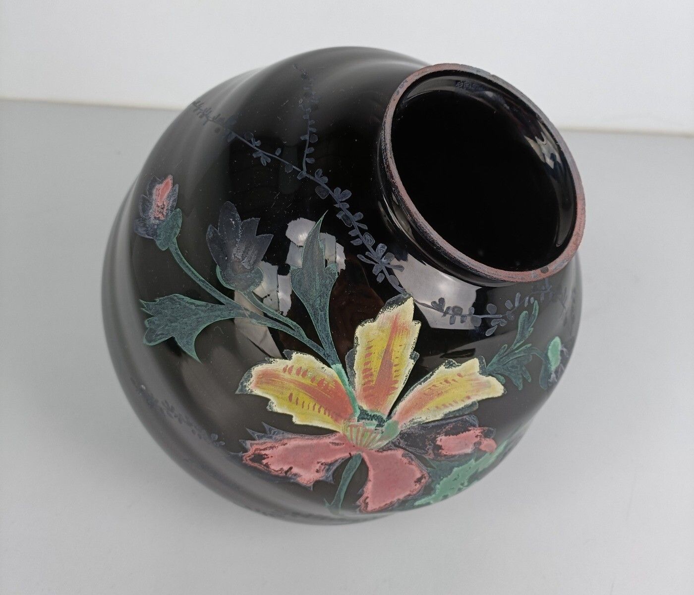 Art Deco Art Glass Vase Booms Glass, Belgium Signed F Merlin Hand Painted Flower photo vintage