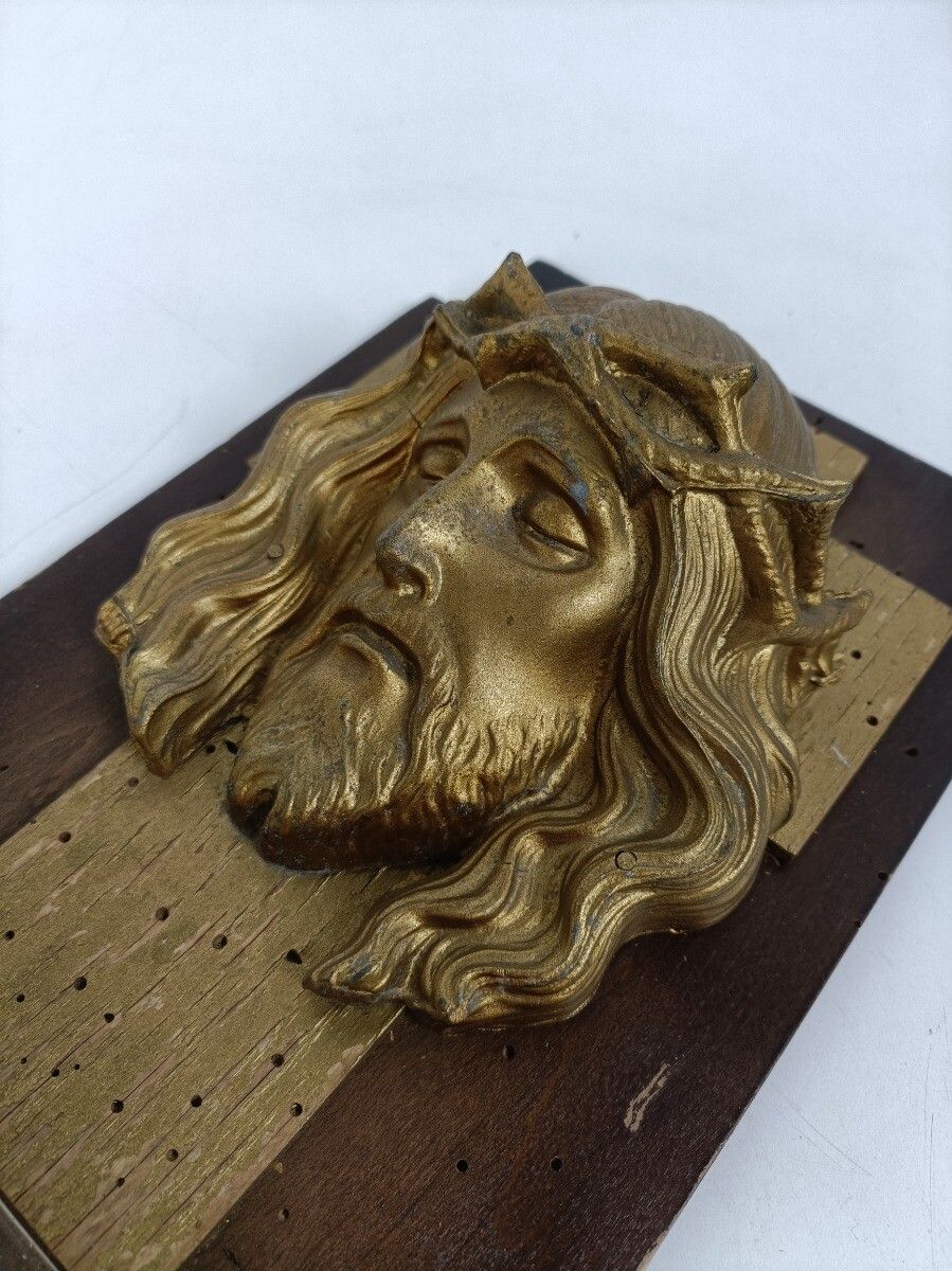 photo furniture Large Holy Water Font Glass Wooden Back Jesus Head Of Thorns Art Deco Spelter Wa