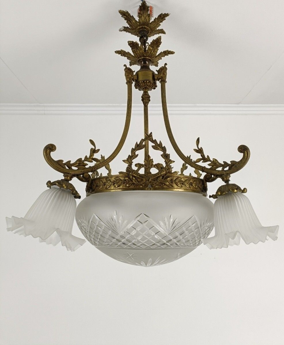 Stunning Art Deco Chandelier Antique Etched Glass Bronze Doré Rams Heads 4 Ligh photo 647.0