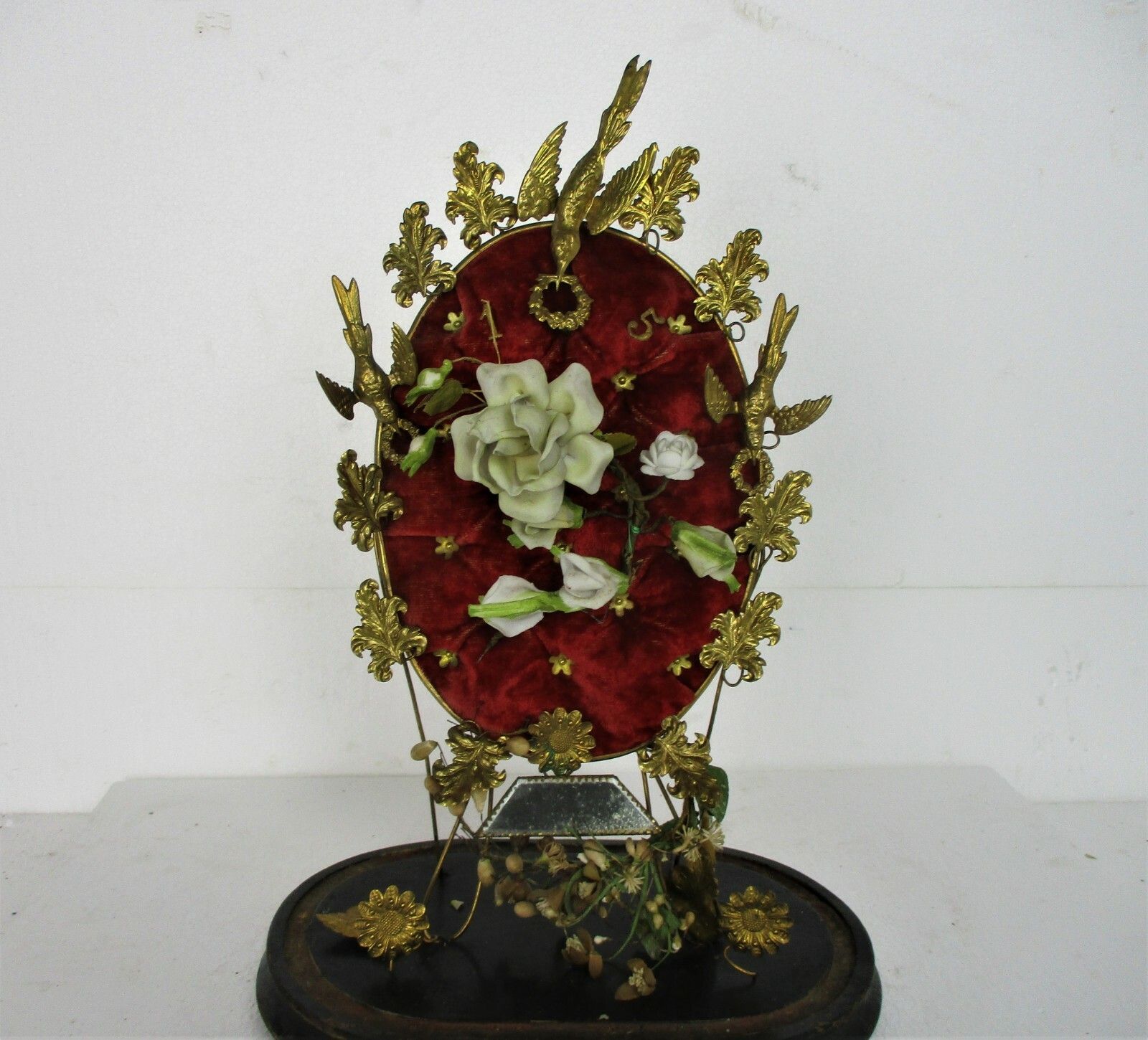 Antique 1800 Victorian French Bridal Wedding Dome Gold Gilt Leaves Ormolu Birds photo for sale