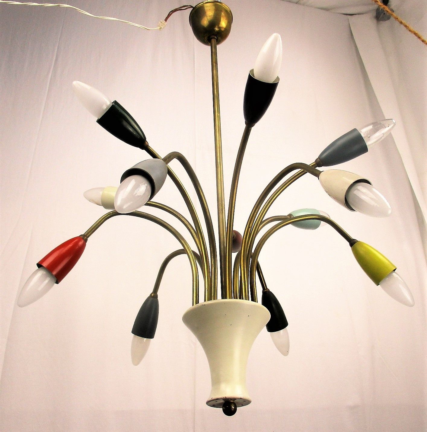 Italian 12 Arm Light Spider Sputnik Atomic Chandelier Metal Shades Era Stilnovo photo Lighting
