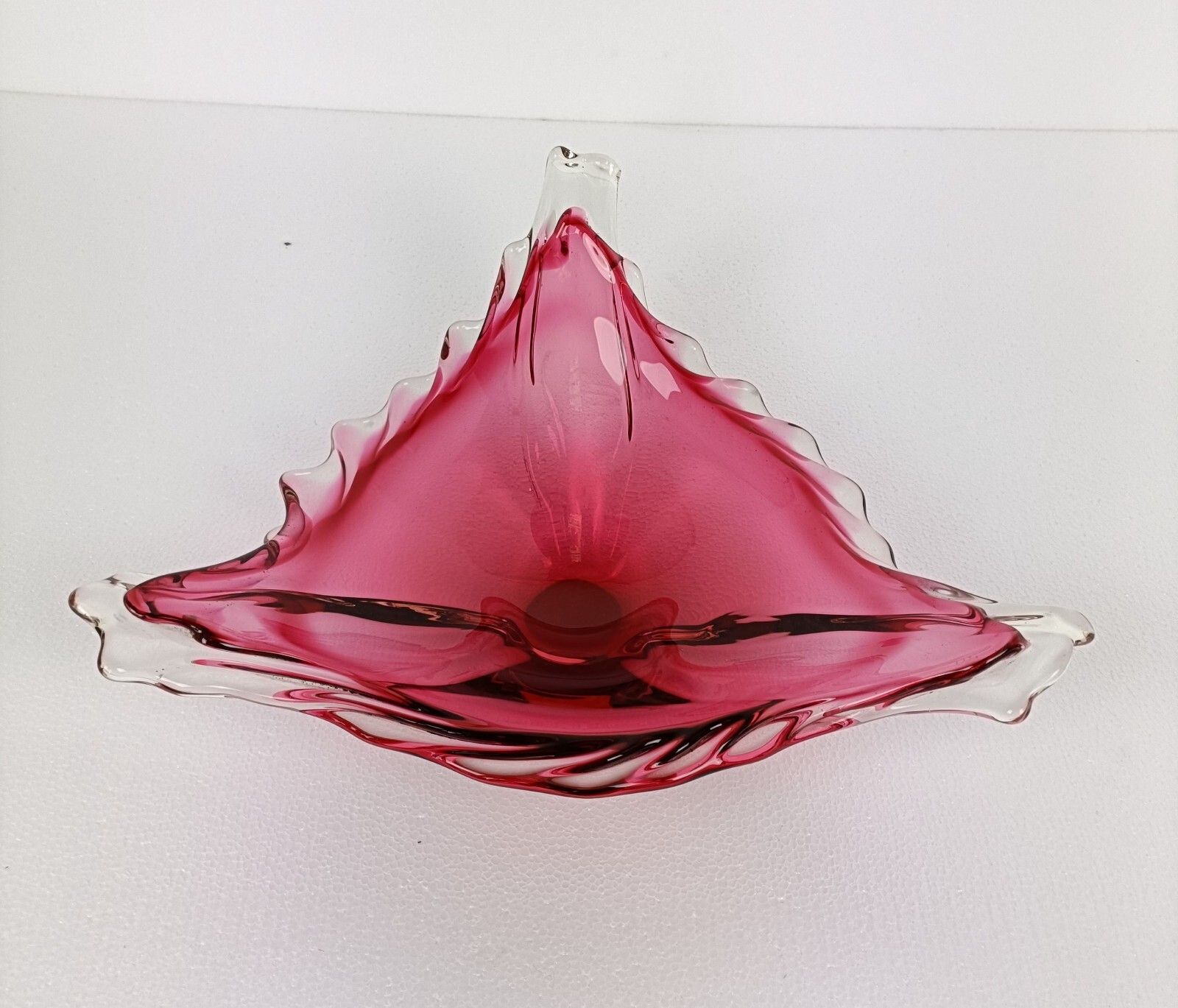 Gorgeous Bowl Dish Centerpiece Cranberry  Clearart Glass Murano Italy  Hand Made photo for sale