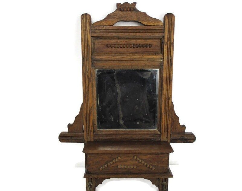 Vintage Hand Carved Wood Kitchen Apothecary Wall Cabinet Beveled Glass Mirror Co