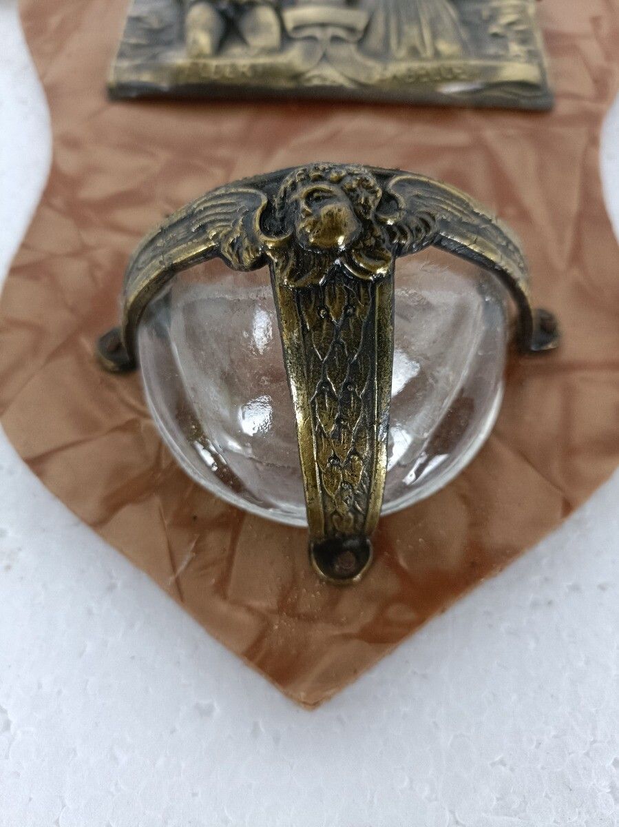 Holy Water Font Vessel Large Wall Hanging Faux Marble Trim Brass Wood Montaigu P photo Art