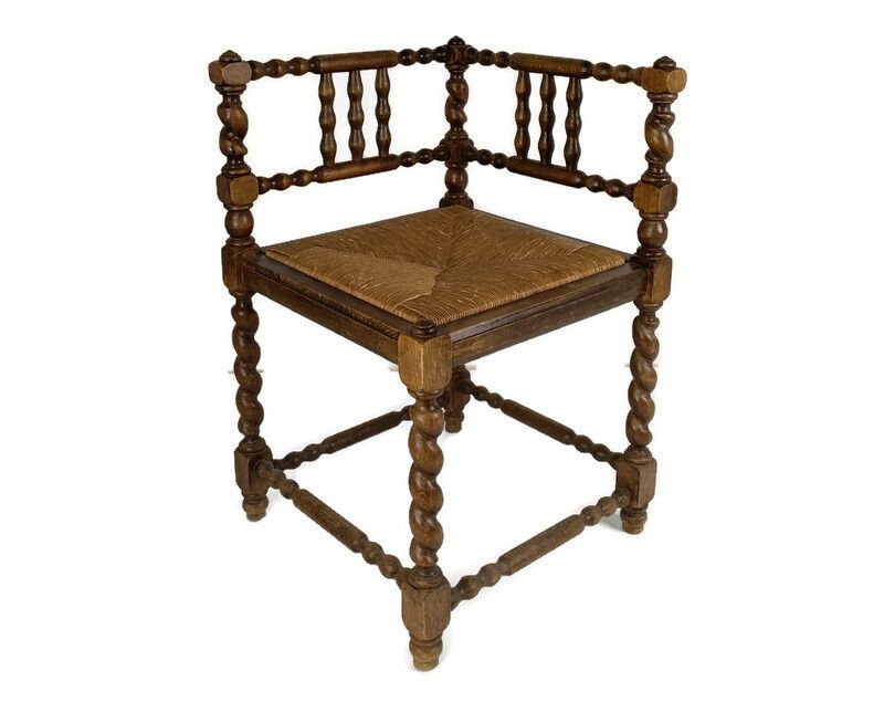 Twisted Wooden Barley Twist Corner Chair Rush Seating Hobnails Edwardian Gorgeou