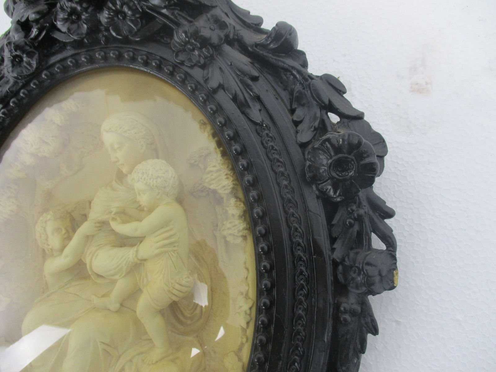 19th C Antique  Hand Made Black Forest Convex Glass Wow Meerschaum Virgin Mary W photo for sale