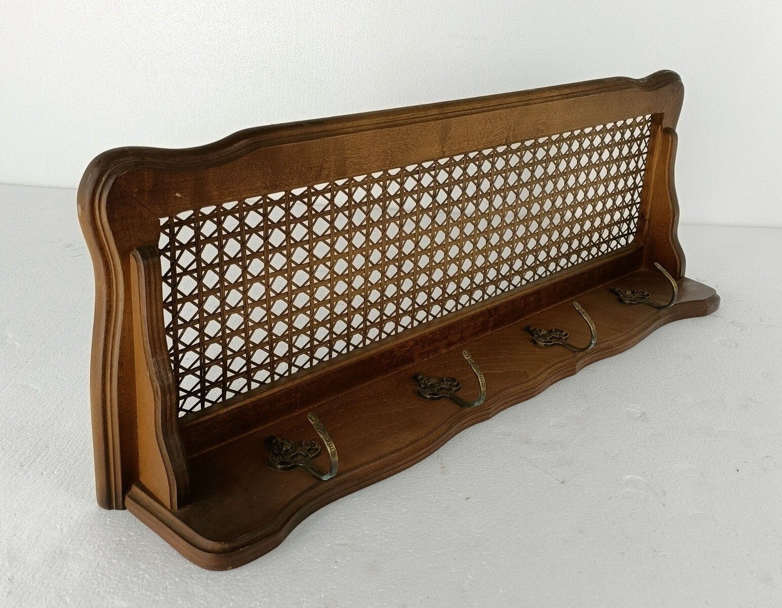 Vintage Wood Coat Hat Kitchen  Rack  With Rush Back Vintage Rare Funky Barn Co photo for sale