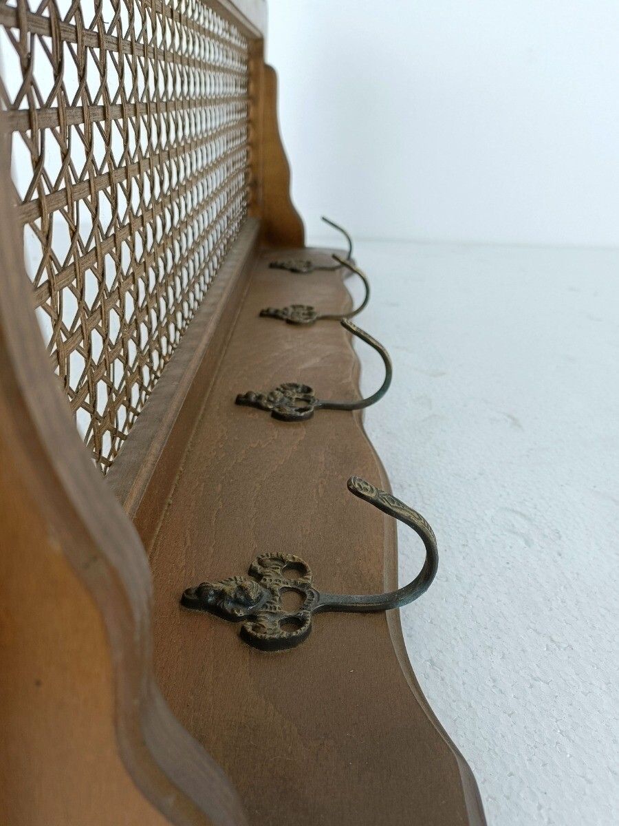 Vintage Wood Coat Hat Kitchen  Rack  With Rush Back Vintage Rare Funky Barn Co photo 162.0