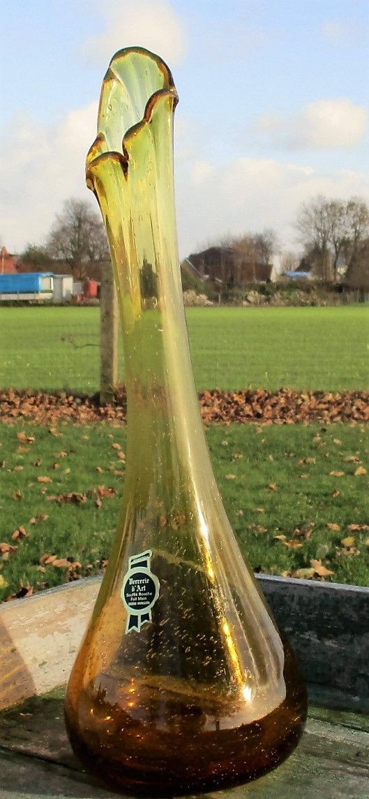 X Large Amber Glass Vase Bottle Hand Blown French Avallon Verrerie D'art photo for sale