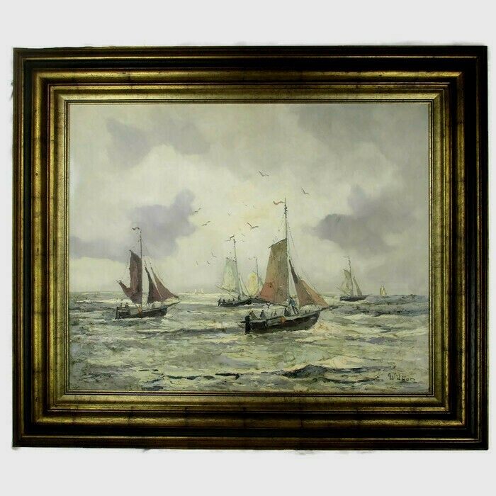 Xl Oil Painting Signed Wilhem Sailing Boats Ships Ornate Decorative Frame  Wood