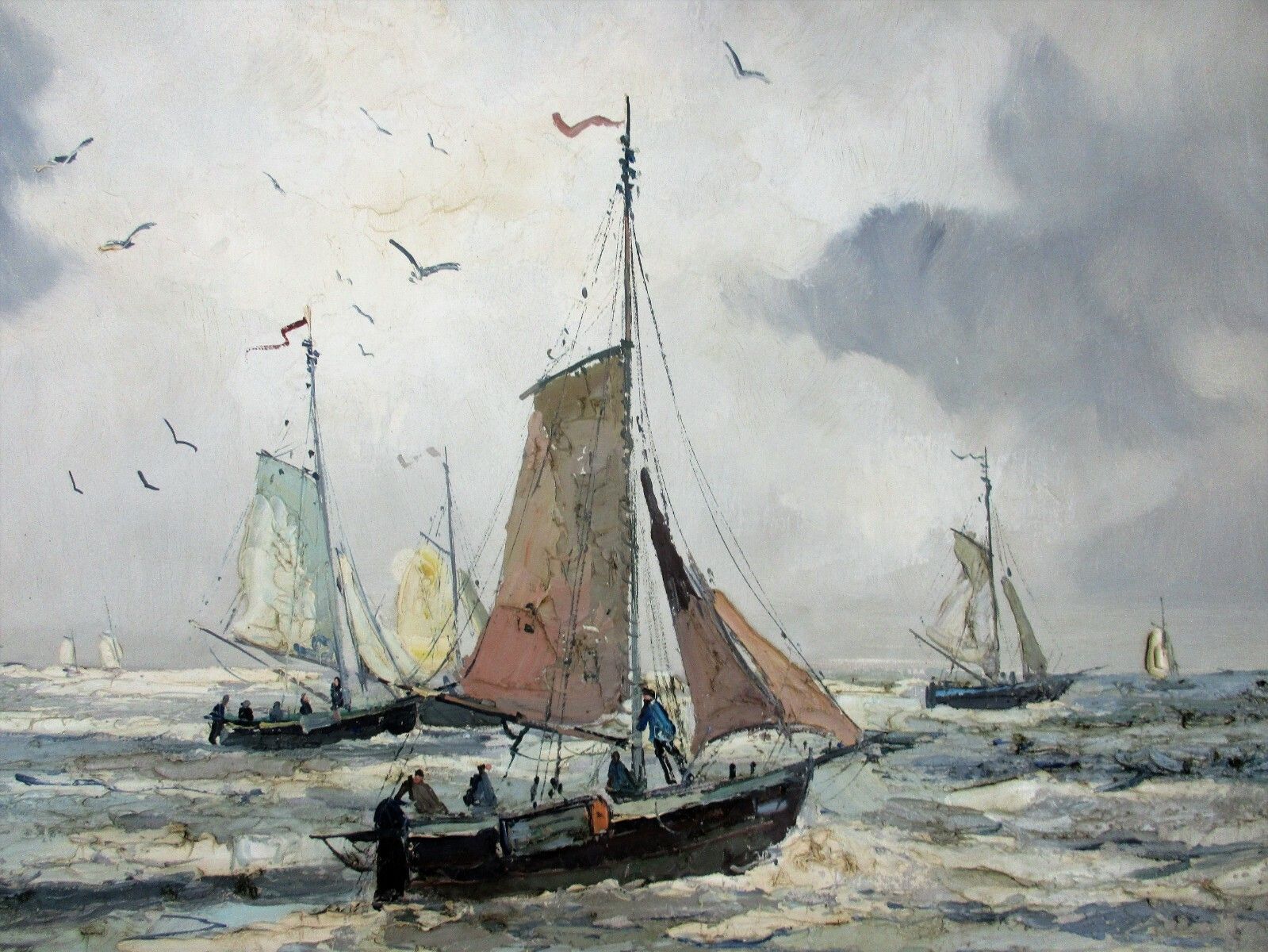 Xl Oil Painting Signed Wilhem Sailing Boats Ships Ornate Decorative Frame  Wood photo for sale