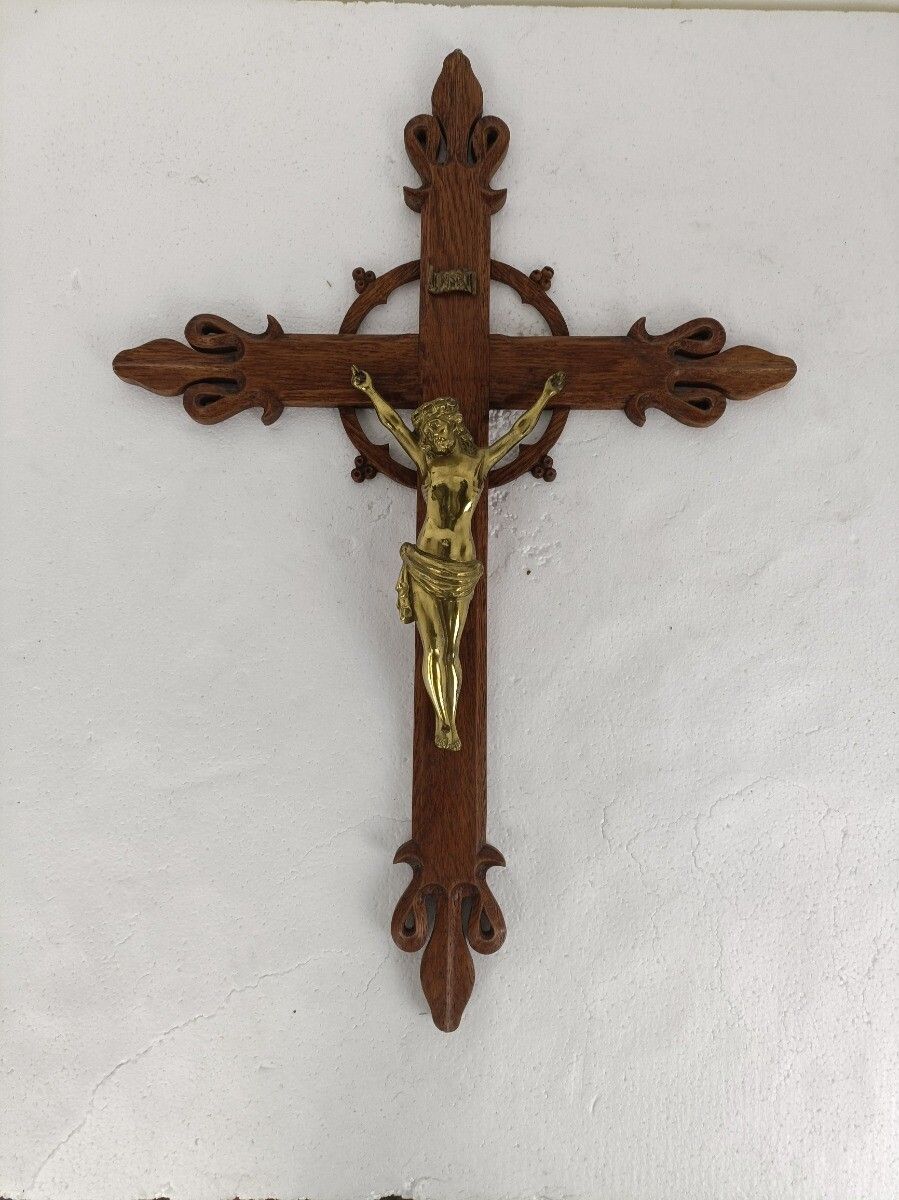 Hand Carved Wood  French Hanging Ornate Crucifix Cross Jesus Christ Fleur De Lis photo furniture