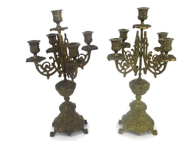 Pair Couple Antique  Gorgeous Brass Ornate Embossed 5 Arm Candle Holder Sticks C