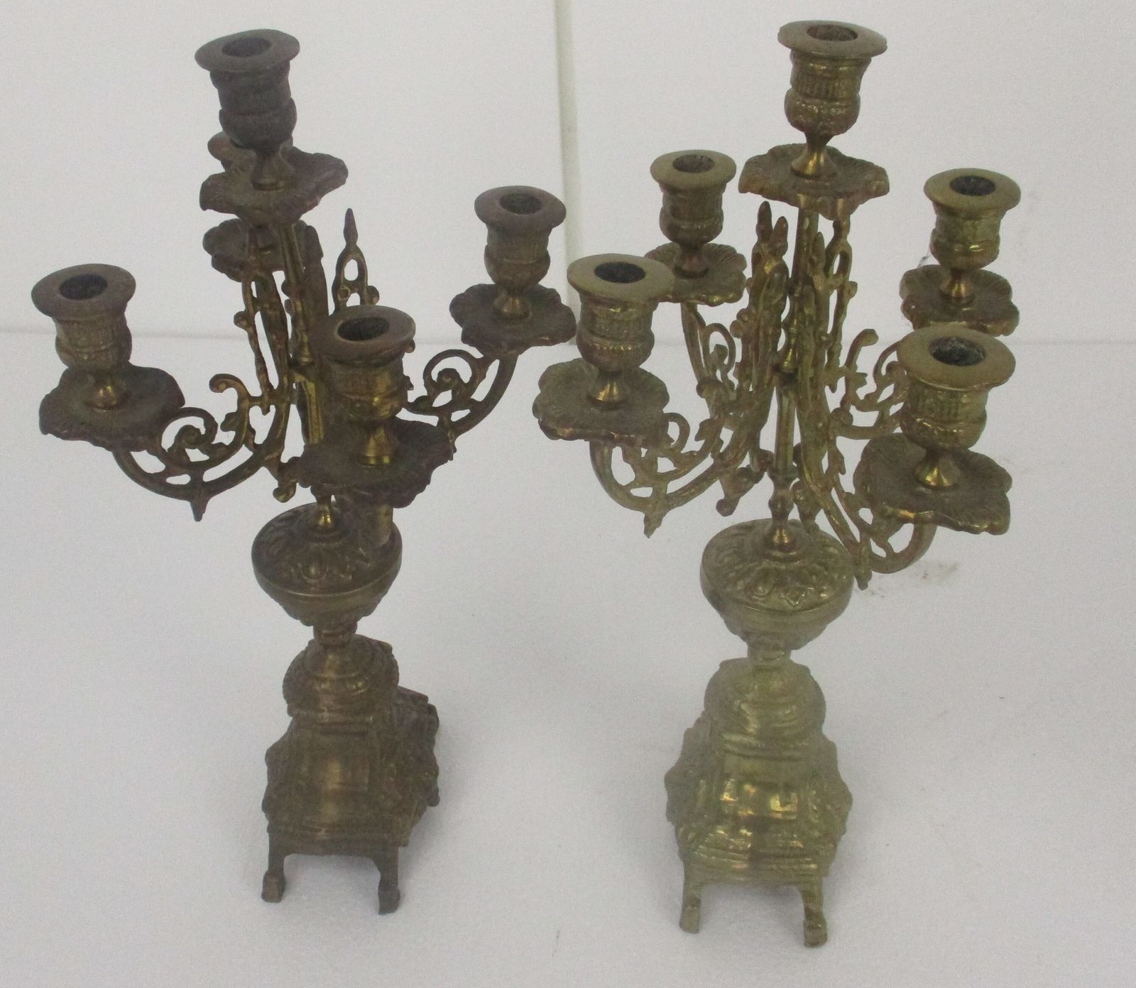 Pair Couple Antique  Gorgeous Brass Ornate Embossed 5 Arm Candle Holder Sticks C photo 404.0