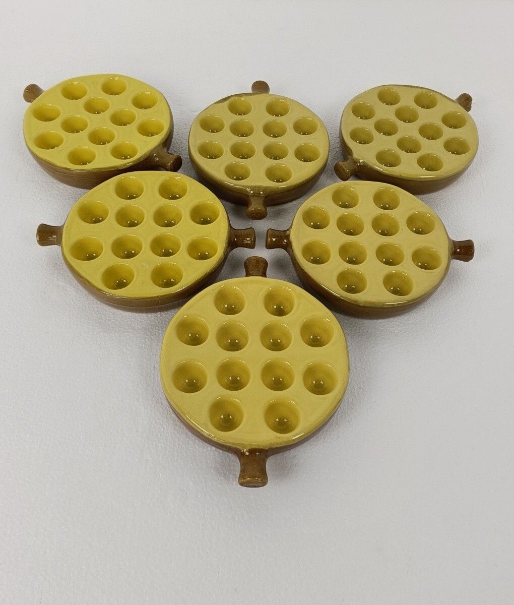 Set Of 6 French Escargots Snail Plates Dishes Terra Cotta Yellow Stylish Two Han photo for sale