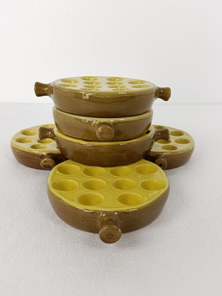 Set Of 6 French Escargots Snail Plates Dishes Terra Cotta Yellow Stylish Two Han photo vinterior