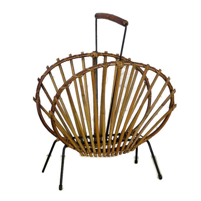 Mid Century Modern Rattan Magazine Newspaper Basket  Rack Box Modernist Htf