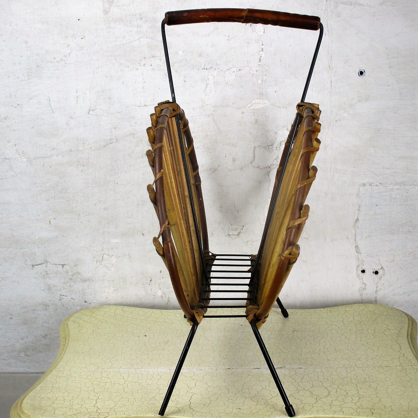 Mid Century Modern Rattan Magazine Newspaper Basket  Rack Box Modernist Htf photo for sale