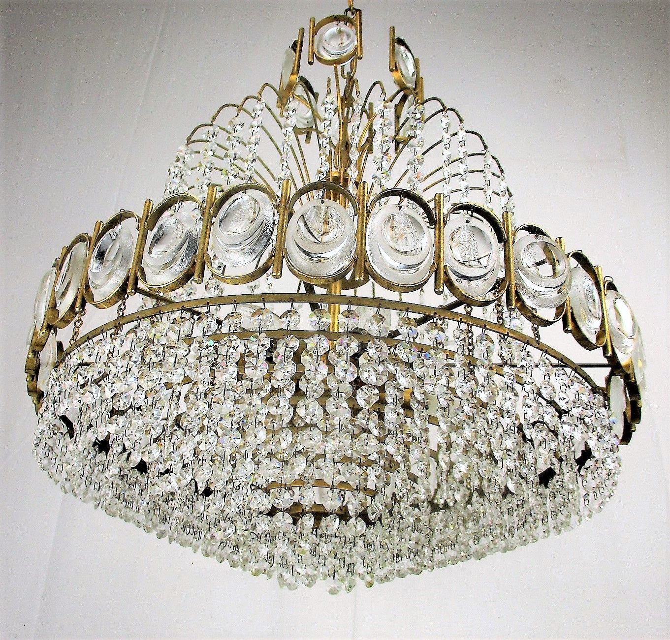 Palwa Chandelier 8 Tier  Gold Plated Swarovski Crystal Prisms 1960s Germany Htf photo for sale
